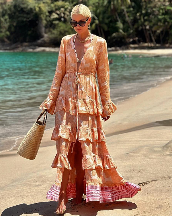 Vacation V Neck Lace Up Ruffle Dress