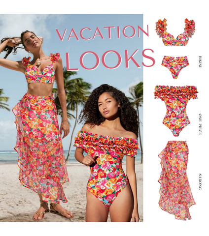 Ruffled Straps Floral Print Bikini Swimsuit and Skirt