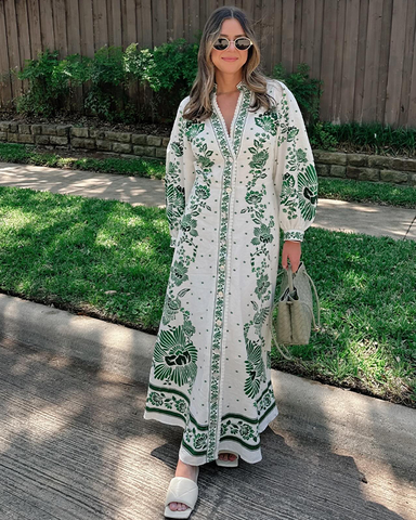 V Neck Retro Printed In Green Dress