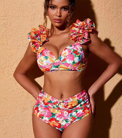 Ruffled Straps Floral Print Bikini Swimsuit and Skirt