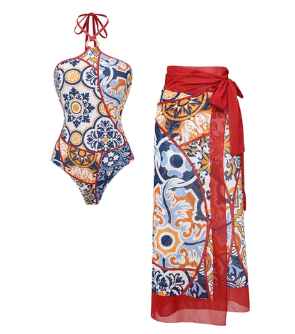 Printed Halter One Piece Swimsuit and Sarong