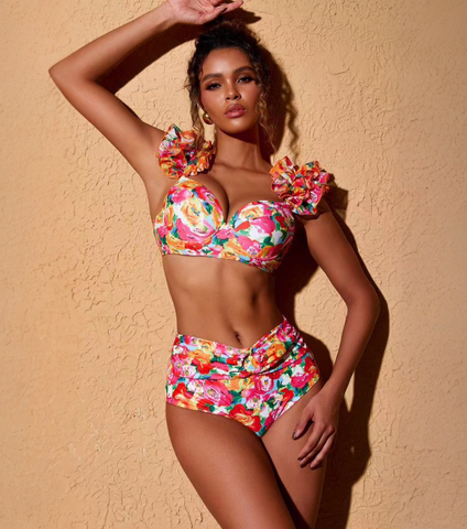 Ruffled Straps Floral Print Bikini Swimsuit and Skirt