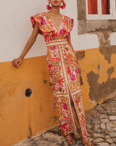 V Neck Retro Printed Backless Dress