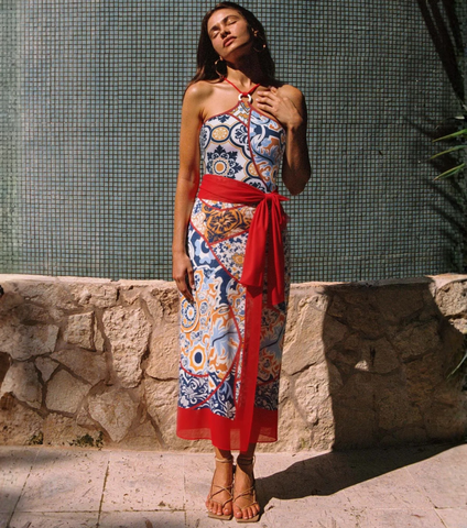 Printed Halter One Piece Swimsuit and Sarong
