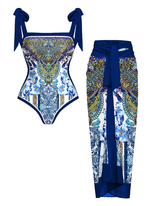 Reversible Tie-shoulder One Piece Swimsuit and Sarong