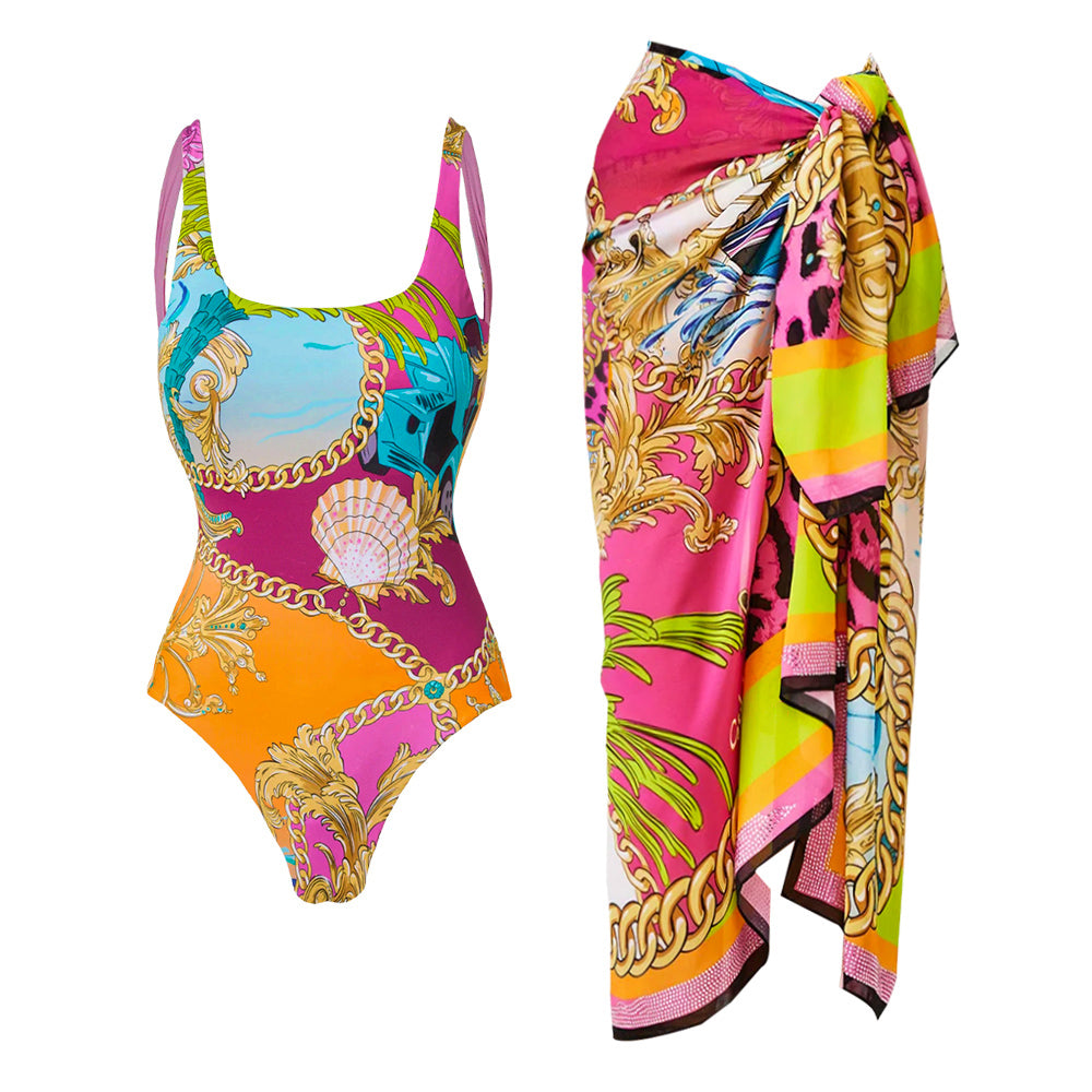 Round Neck Shell Print One Piece purple or Skirt