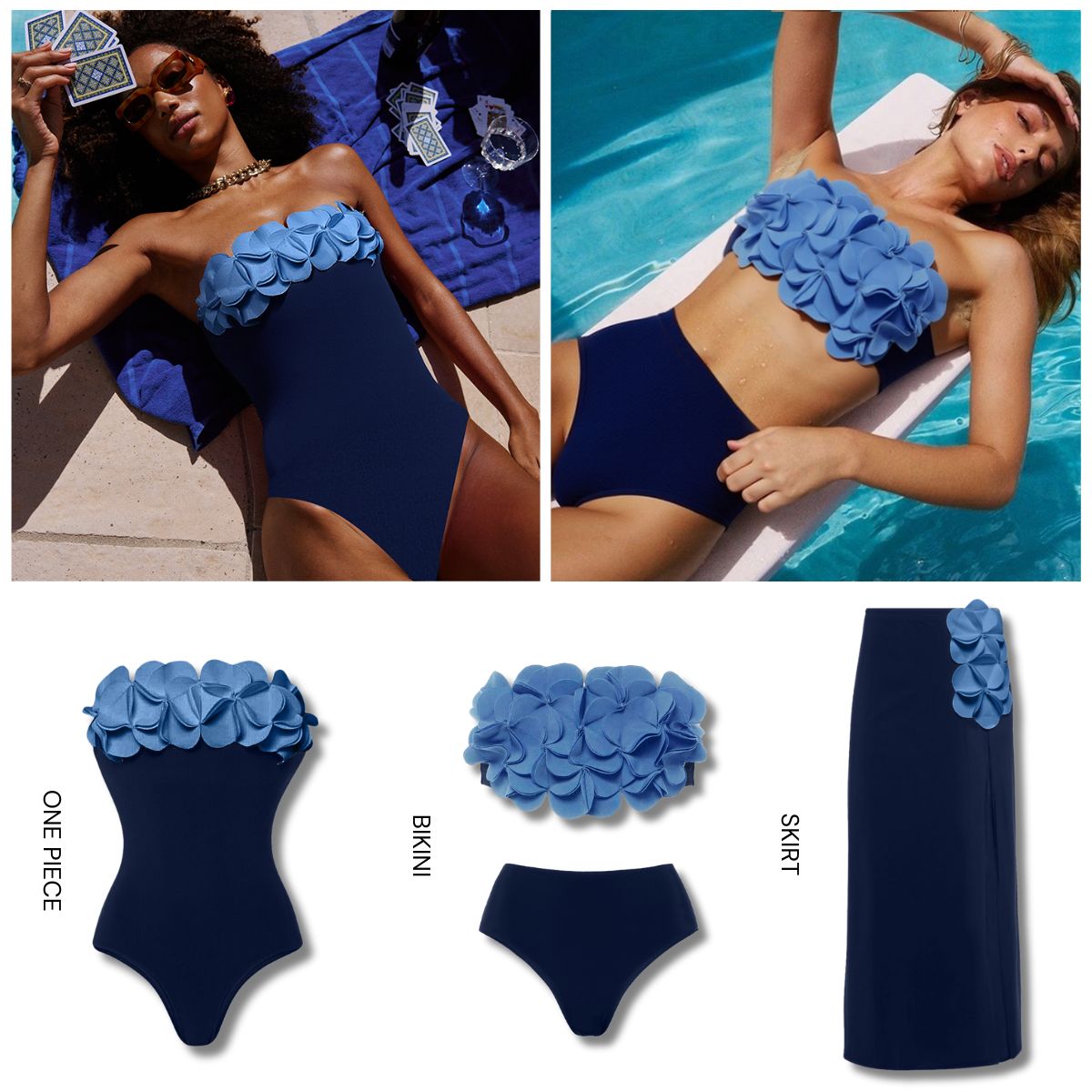 Bandeau 3D Flower  Bikini Swimsuit and Skirt	