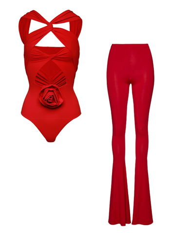 3D Flower Cut Out Cross Straps One Piece Swimsuit and Pants