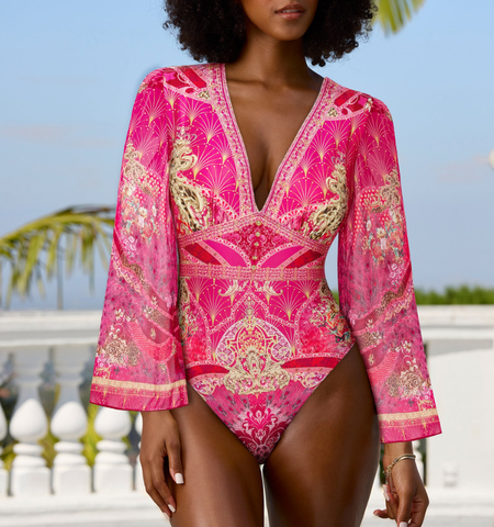 Long-sleeved Rose Red Blooming Flower Print One Piece Swimsuit and Skirt