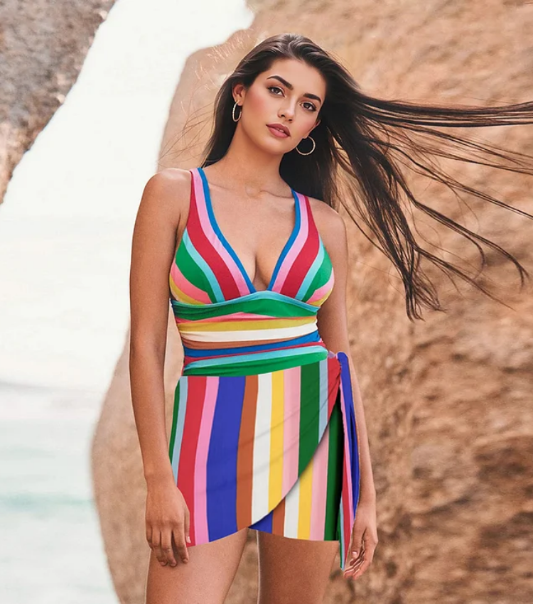 Colorful Stripe Print V-neck One Piece Swimsuit and Skirt	