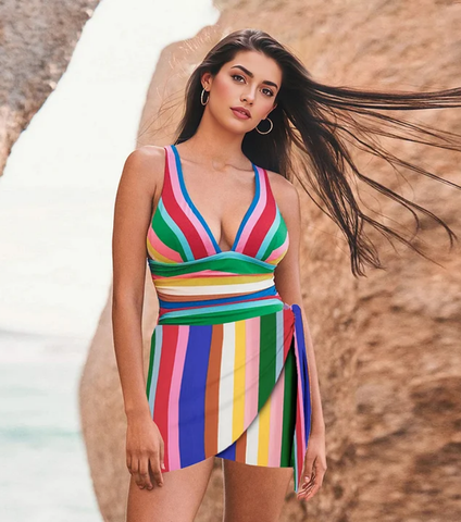 Colorful Stripe Print V-neck One Piece Swimsuit and Skirt	