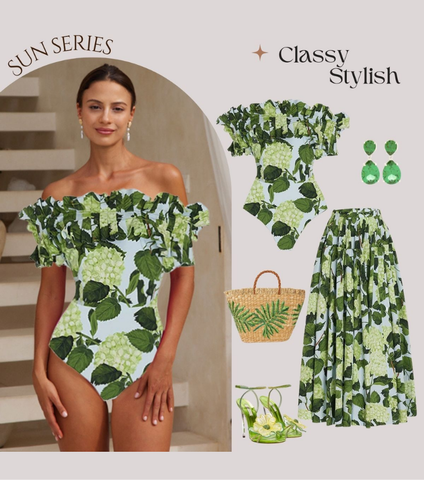 Off Shoulder Hydrangea Print Ruffle One Piece Swimsuit and Skirt