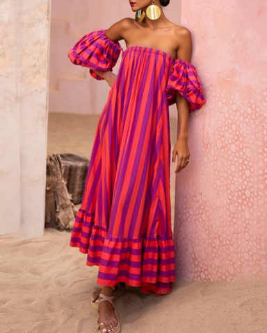 Detachable Sleeves Three-way Color Block Striped Maxi Dress