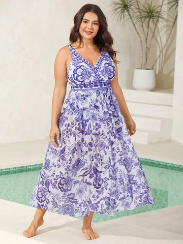 Vibecurve® Two-Piece Floral Print Ruched Mesh Swimsuit, Sarong	