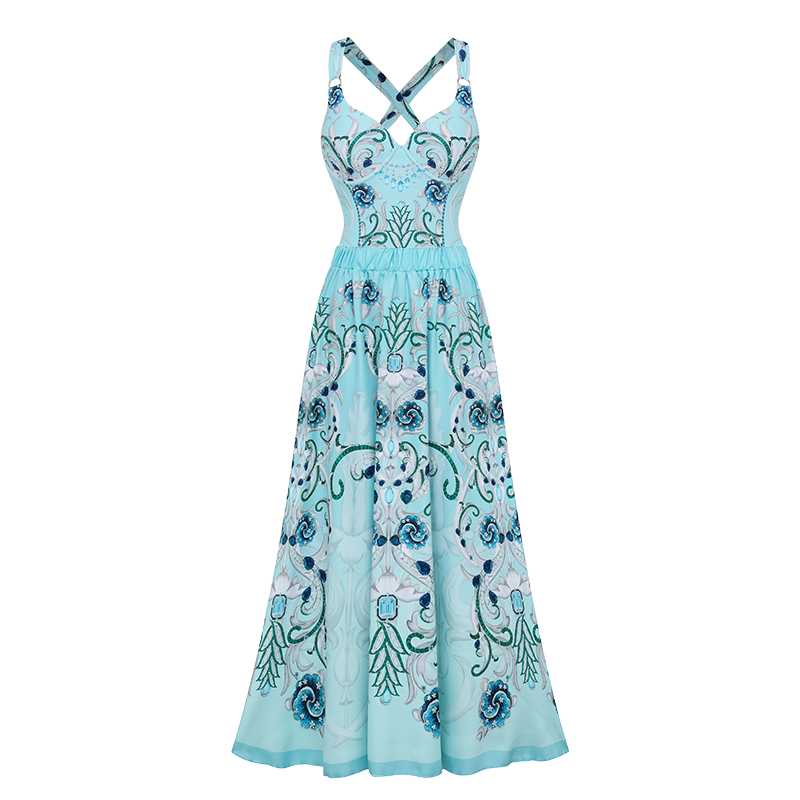 Sling Blue Jewelry Series Pattern Print One Piece Swimsuit and Skirt or Sarong	
