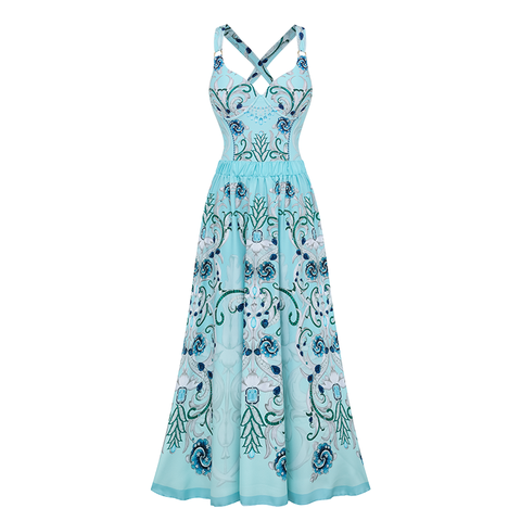 Sling Blue Jewelry Series Pattern Print One Piece Swimsuit and Skirt or Sarong	
