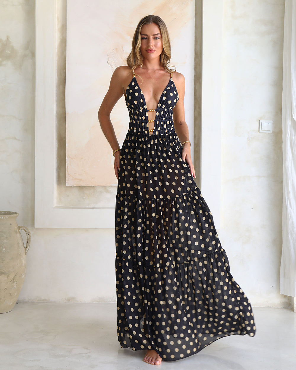 Black and Gold Polka Dots V-neck One Piece Swimsuit and Skirt	