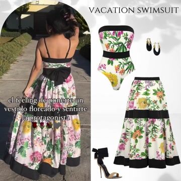 Off Shoulder Back Bow Tie Color Block Printed One Piece Swimsuit and Skirt Flaxmaker	