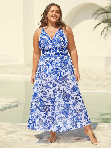Vibecurve® Two-Piece Floral Print Ruched Mesh Swimsuit, Sarong	