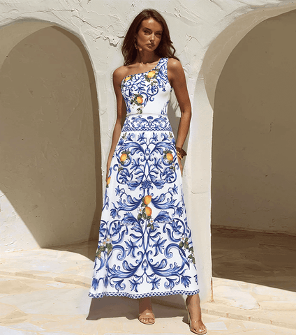 One Shoulder Lemon Printed Swimsuit Set(s)	