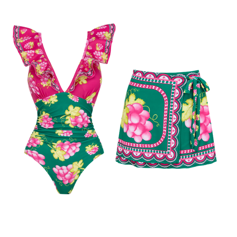 Ruffled Deep V Retro Green Grapes Print One Piece Swimsuit and Skirt
