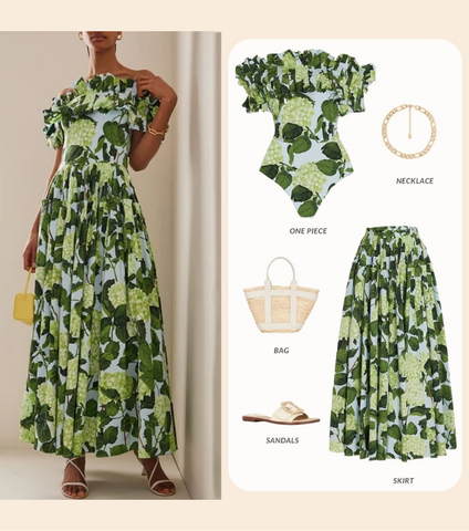 Off Shoulder Hydrangea Print Ruffle One Piece Swimsuit and Skirt
