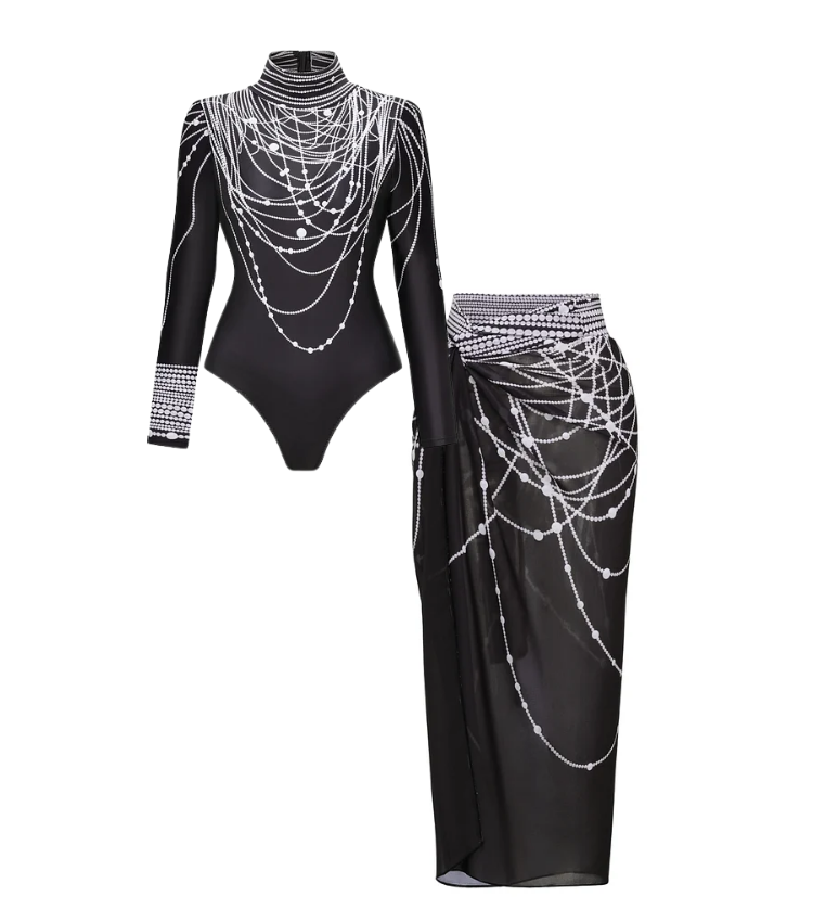 Long-Sleeved Pearl Print Surfing One Piece purple	
