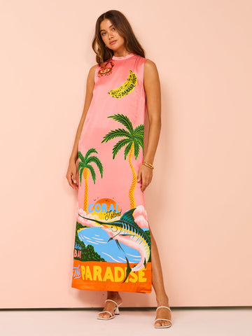 Vacation Sleveeless Jungle Printed Dress