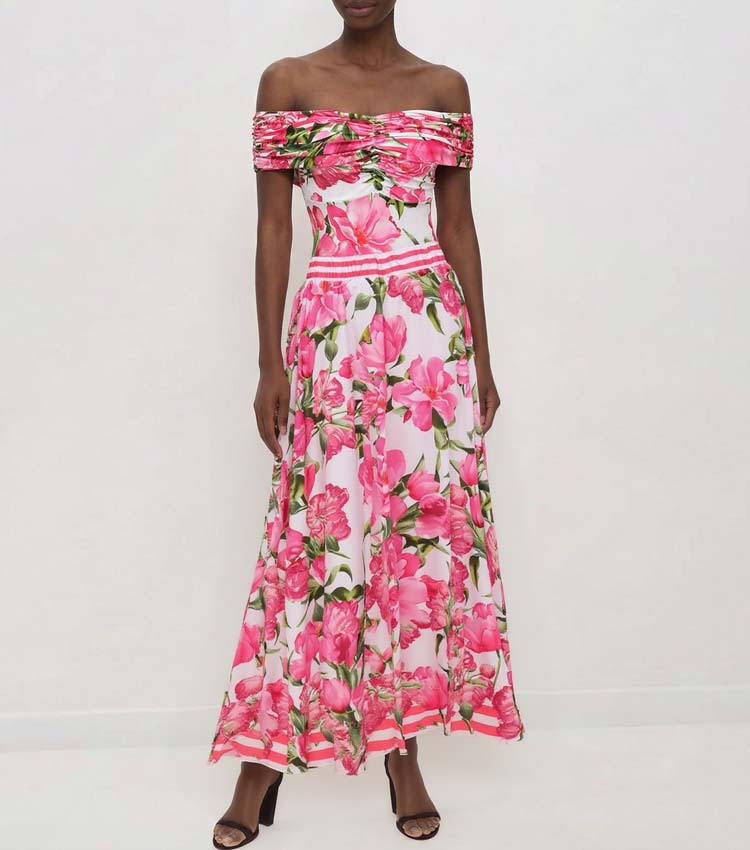 Ruched Off Shoulder Flower Print One Piece Swimsuit and Skirt	