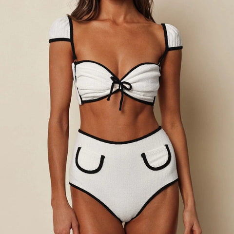 Ivory Black Trim High Waist Bikini Swimsuit and Skirt Flaxmaker	