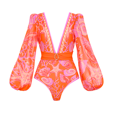 Long-sleeved V Neck Marine Plant Pattern Print One Piece Swimsuit and Skirt	