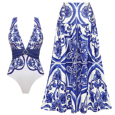 V Neck Classic Majolica Series Pattern Print One Piece Swimsuit and Pants or Shorts	