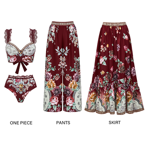 Lace Decoration Peony Print Swimsuit Set(s)	
