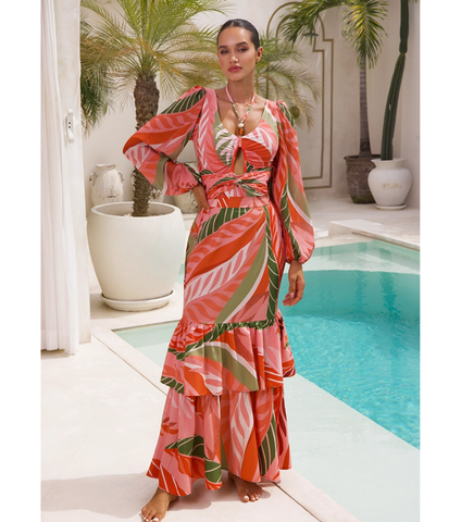 Long-sleeved Artificial Stone Decor One Piece Swimsuit and Skirt Flaxmaker	