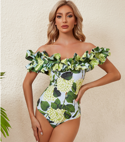 Off Shoulder Hydrangea Print Ruffle One Piece Swimsuit and Skirt