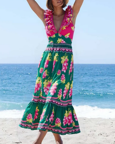 Ruffled Deep V Retro Green Grapes Print One Piece Swimsuit and Skirt