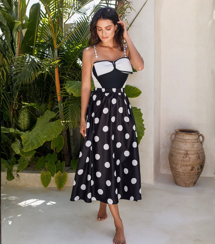 Black and White Bow Decor One Piece Swimsuit and Skirt
