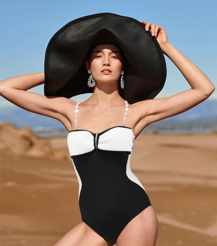 Black and White Bow Decor One Piece Swimsuit and Skirt