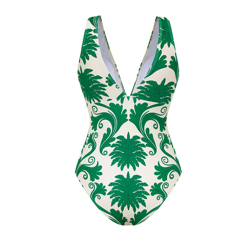 V Neck Green Printed Knotted at Waist Tummy Control One piece Swimsuit and Skirts or Pants	
