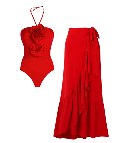 Halter 3D Flower One Piece Swimsuit and Skirt