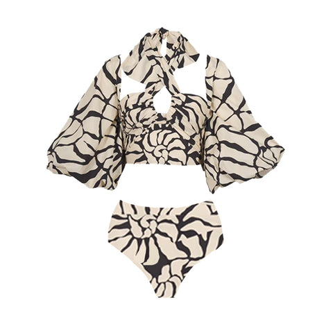Detachable Puff Sleeves Printed High Waist Bikini Swimsuit and Skirt