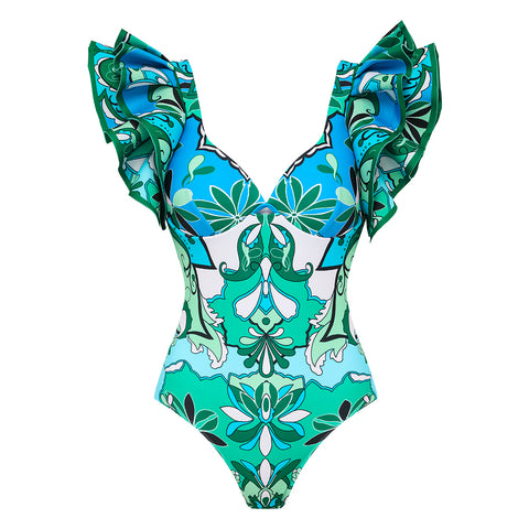 Ruffle Sleeves Blue and Green Pattern One Piece purple	