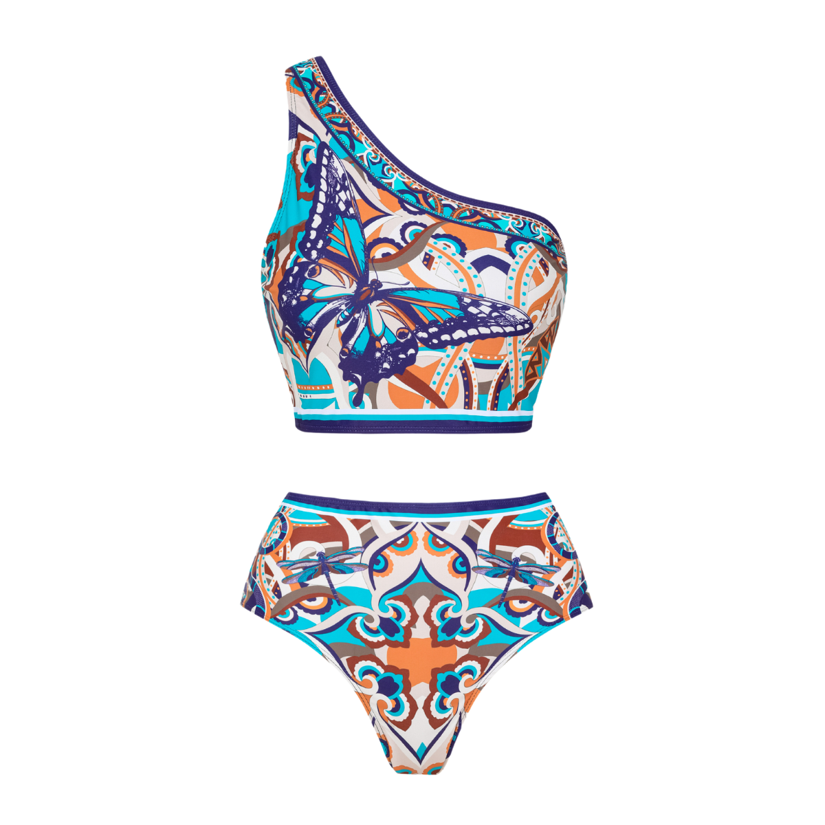 Butterfly and Dragonfly One Shoulder Hollow Print Bikini Swimsuit and Skirt	