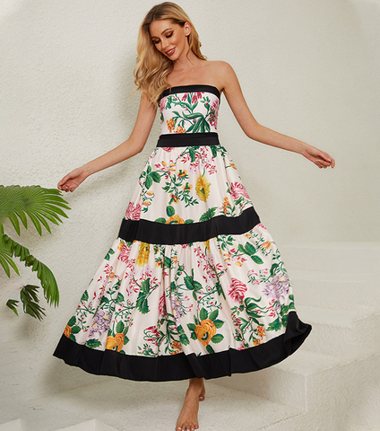 Off Shoulder Back Bow Tie Color Block Printed One Piece Swimsuit and Skirt Flaxmaker	