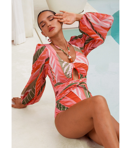Long-sleeved Artificial Stone Decor One Piece Swimsuit and Skirt Flaxmaker	
