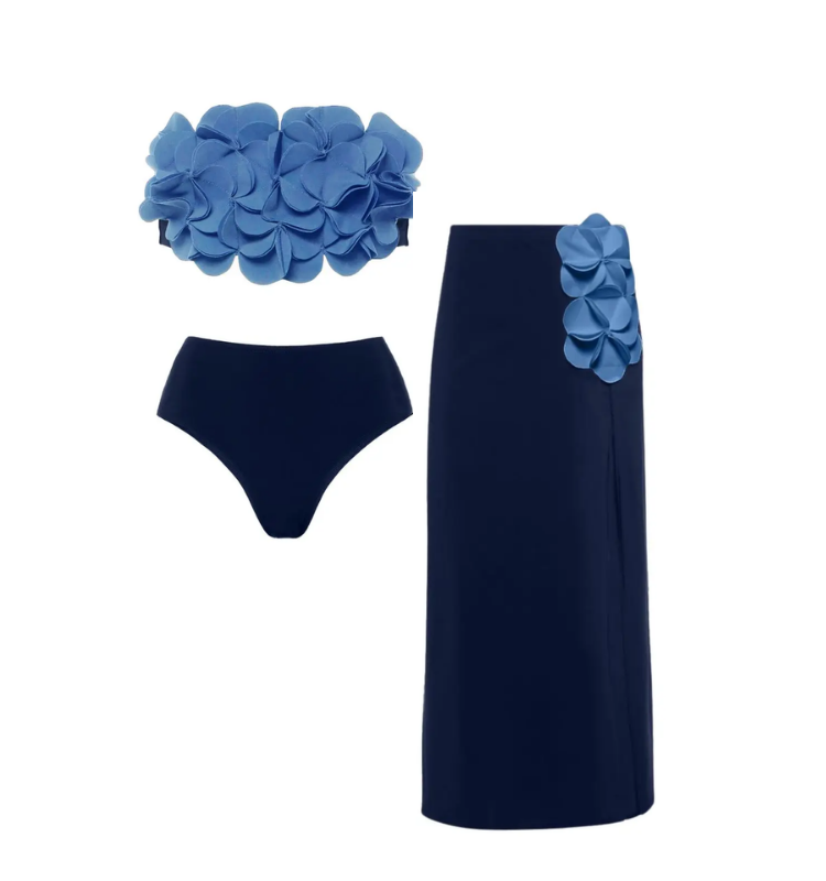Bandeau 3D Flower  Bikini Swimsuit and Skirt	