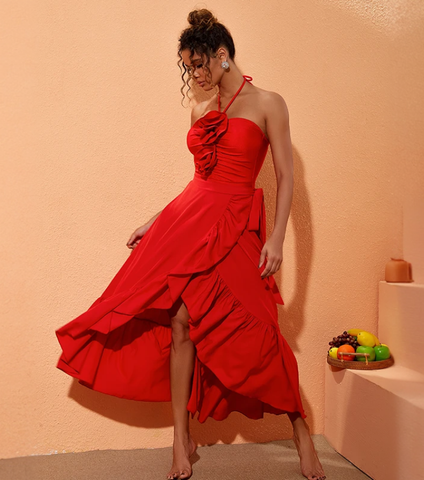 Halter 3D Flower One Piece Swimsuit and Skirt