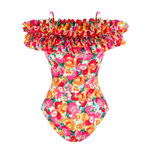 Detachable Double Shoulder Strap With Ruffles One Piece Swimsuit and sarong