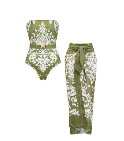 Retro Print Removable Belt Detail Sling One Piece Swimsuit and sarong