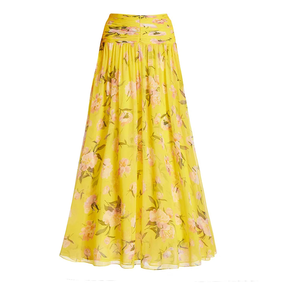 3D Flower Shirring Printed Chiffon Long Sleeves One Piece Swimsuit and Skirt	
